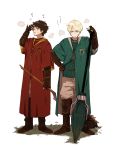  2boys alternate_eye_color blonde_hair boots broom brown_footwear brown_gloves brown_hair coat draco_malfoy facial_scar fingerless_gloves frown full_body glasses gloves green_coat green_eyes green_sweater grey_eyes gryffindor hand_up harry_james_potter harry_potter highres hogwarts_school_uniform holding ko_me_k long_sleeves looking_at_viewer male_focus messy_hair multiple_boys pants quidditch red_coat red_sweater scar school_uniform slytherin standing steaming_body sweat sweater white_background white_pants 