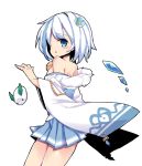  1girl bare_shoulders bell blue_eyes blue_flower blue_hair blue_skirt flower hair_flower hair_ornament looking_at_viewer looking_back nemui_(nemui) pleated_skirt sennen_sensou_aigis short_hair skirt snow_bunny solo standing white_hair wide_sleeves yukihime_(sennen_sensou_aigis) 