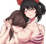  2girls akanesasu_shoujo black_hair blush bow bra breast_sucking breasts brown_hair closed_eyes commentary hair_bow hair_over_eyes highres korean_commentary lactation lactation_through_clothes large_breasts lips long_hair milk multiple_girls one_breast_out simple_background swimsuit tounaka_yuu tsuchimiya_asuka underwear upper_body white_background yuri 