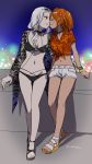  2girls bikini_bottom bikini_top carmilla_(fate/grand_order) carmilla_(swimsuit_rider)_(fate) closed_eyes commentary_request copyright_request cross cross_choker cross_earrings earrings eyewear_on_head fate/grand_order fate_(series) floral_print fujimaru_ritsuka_(female) hair_ornament hair_scrunchie highres imminent_kiss jacket jewelry multiple_girls necklace open_clothes open_jacket orange_hair pearl_necklace red_eyes sandals scrunchie sekihara_umina short_shorts shorts sunglasses tropical_summer twitter_username white_hair yuri 