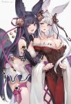  2girls animal_ears bangs bell black_hair blue_eyes blunt_bangs blush breast_grab breasts cleavage commentary_request detached_sleeves dress elbow_gloves erune eyebrows_visible_through_hair fox_ears fox_tail fur_trim gloves grabbing grabbing_from_behind granblue_fantasy groping hair_bell hair_ornament hand_under_clothes highres jingle_bell large_breasts long_hair looking_at_viewer multiple_girls open_mouth oyu_(sijimisizimi) purple_eyes ribbon sidelocks socie_(granblue_fantasy) tail twitter_username very_long_hair white_hair wide_sleeves yuel_(granblue_fantasy) yuri 