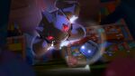  banette blurry blurry_foreground box ceiling commentary from_below glowing glowing_eyes grin indoors looking_at_viewer matwvv pokemon pokemon_(creature) red_eyes shelf smile teeth toy 