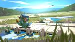  bridge commentary day leg_up matwvv no_humans open_mouth outdoors pokemon pokemon_(creature) sky solo standing standing_on_one_leg teeth tongue totodile water 