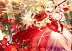  119 1girl aestus_domus_aurea aestus_estus blonde_hair breasts cleavage dress fate/extra fate_(series) flower green_eyes hairband highres holding holding_sword holding_weapon light_smile long_hair looking_at_viewer nero_claudius_(fate) nero_claudius_(fate)_(all) outstretched_arm over_shoulder red_dress rose see-through solo sword very_long_hair weapon weapon_over_shoulder 