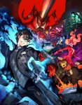  3boys 4girls amamiya_ren arsene_(persona_5) axe battle black_jacket broken_mask cat_mask clenched_hands clenched_teeth green_eyes gun handgun highres jacket kitagawa_yuusuke looking_at_viewer morgana_(persona_5) multiple_boys multiple_girls necronomicon_(persona_5) niijima_makoto official_art okumura_haru open_mouth persona persona_5 persona_5_scramble:_the_phantom_strikers pipe sakamoto_ryuuji sakura_futaba slingshot smile soejima_shigenori sophie_(p5s) sword takamaki_anne teeth torn_clothes ufo weapon whip 