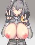  1girl absurdres bangs between_breasts black_gloves black_hair breast_pocket breasts breasts_outside buttons closed_mouth collared_shirt double_v fingerless_gloves gloves green_eyes grey_hair grey_neckwear grey_shirt hair_between_eyes hair_intakes hands_up head_tilt highres huge_breasts kemono_friends long_hair long_sleeves looking_at_viewer low_ponytail multicolored_hair necktie necktie_between_breasts nipples no_bra open_clothes open_shirt orange_hair partially_unbuttoned pingqiong_xiansheng pocket shiny shiny_skin shirt shoebill_(kemono_friends) short_hair short_over_long_sleeves short_sleeves side_ponytail smile solo upper_body v 