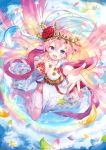  1girl :d ahoge bangs blue_eyes blush breasts cleavage cloud day dress energy_wings feathers flower flying hair_flower hair_ornament head_wreath ibara_riato large_breasts long_hair looking_at_viewer open_mouth outdoors pink_hair reaching_out smile solo sunlight thighlet watermark white_dress z/x 