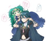  2girls armor blue_eyes blue_hair braid byleth_(fire_emblem) byleth_(fire_emblem)_(female) cape closed_mouth fire_emblem fire_emblem:_three_houses green_eyes green_hair hair_ornament long_hair medium_hair multiple_girls open_mouth plugging_ears pointy_ears robaco simple_background sothis_(fire_emblem) tiara translation_request twin_braids white_background 