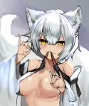  1girl :3 animal_ear_fluff animal_ears breasts covering covering_breasts detached_sleeves dominique_(dom1nique_ktn) fangs fangs_out fox_ears fox_shadow_puppet fox_tail hair_between_eyes highres large_breasts medium_breasts mouth_hold naughty_face original short_eyebrows short_hair silver_hair smile solo tail thick_eyebrows upper_body wide_sleeves 
