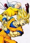  2boys bald blonde_hair blue_eyes cape clenched_hand crossover dougi dragon_ball dragon_ball_z expressionless gloves highres lee_(dragon_garou) male_focus marker_(medium) multiple_boys muscle one-punch_man open_mouth red_gloves saitama_(one-punch_man) serious son_gokuu super_saiyan traditional_media wristband 
