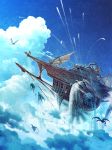  aircraft airship animal blue_sky cloud commentary_request day dragon fantasy flag flying highres mocha_(cotton) no_humans original outdoors partial_commentary sail scenery ship sky smoke watercraft 