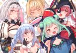  5girls :p absurdres animal_ears blush braid breasts brown_hair bunny_ears cleavage commentary_request dark_skin double_bun eyepatch fang fingerless_gloves flat_chest gloves green_hair hat headband highres hololive houshou_marine large_breasts lavender_hair long_hair multiple_girls one_eye_closed open_mouth pirate_hat pointy_ears shiranui_flare shirogane_noel short_hair silver_hair small_breasts tonari_no_kai_keruberosu tongue tongue_out twin_braids uruha_rushia usada_pekora virtual_youtuber 