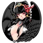  1girl black_eyes black_hair black_wings breasts center_opening cleavage dead_or_alive dead_or_alive_5 eyelashes feathered_wings hair_tubes hairband highres hime_cut jewelry kafun karasu_tengu large_breasts lips looking_at_viewer mask mask_on_head mole mole_under_mouth no_bra nyotengu pendant smile solo tengu tengu_mask upper_body wings 