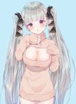  1girl azur_lane bangs blue_background blush breasts cleavage cleavage_cutout earrings eyebrows_visible_through_hair formidable_(azur_lane) grey_hair hair_ribbon hands_up head_tilt jewelry k_mugura large_breasts long_hair long_sleeves looking_at_viewer meme_attire open-chest_sweater open_mouth red_eyes ribbon simple_background sleeves_past_wrists solo standing sweater turtleneck twintails two-tone_ribbon very_long_hair 