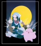  1girl absurdres akari_(pokemon) black_hair clefairy closed_eyes commentary dango fang food full_moon galaxy_expedition_team_survey_corps_uniform head_scarf highres holding lopunny mochi moon night odashi_(namiri) open_mouth pokemon pokemon_(creature) pokemon_legends:_arceus red_scarf scarf sitting susuki_grass symbol-only_commentary tsukimi tsukimi_dango u_u wagashi 