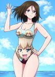  1girl bangs black_hair blonde_hair blue_eyes blue_sky breasts character_print cleavage closed_eyes closed_mouth cloud cloudy_sky commentary cowboy_shot day fang frown girls_und_panzer hand_on_hip highres katyusha long_hair looking_at_viewer medium_breasts nonna ocean omachi_(slabco) one-piece_swimsuit open_mouth outdoors print_swimsuit short_hair sky smile solo standing swept_bangs swimsuit thighs 