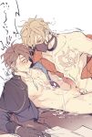  2boys anal black_gloves black_jacket blonde_hair brown_eyes brown_hair chest_tattoo chinese_commentary commentary_request cum cum_on_body cum_on_chest cum_on_stomach eiden_(nu_carnival) ejaculation erection gloves hair_over_one_eye hand_on_another&#039;s_neck handsfree_ejaculation highres jacket jacket_partially_removed jewelry looking_at_penis lying male_focus male_penetrated motion_lines multiple_boys muzzle navel necklace nipples nu_carnival nude on_back one_eye_covered orange_jacket pectorals penis quincy_(nu_carnival) sex sweat sweatdrop tattoo testicles yaoi zym89622531 