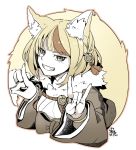  1girl animal_ears blonde_hair fire_emblem fire_emblem_fates fox_ears fox_tail grin hair_ornament highres japanese_clothes long_sleeves multicolored_hair nakabayashi_zun selkie_(fire_emblem) short_hair simple_background smile solo streaked_hair tail upper_body wide_sleeves yellow_eyes 