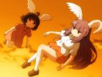  2girls ahoge alternate_ears black_hair breasts brown_footwear carrot_necklace closed_mouth collared_shirt commentary_request dress expressionless feathered_wings flat_chest flying full_body head_wings inaba_tewi jewelry large_breasts loafers long_hair looking_at_another multiple_girls necklace orange_skirt orange_sky pink_dress purple_hair red_eyes reisen_udongein_inaba shirosato shirt shoes short_hair short_sleeves skirt sky socks touhou very_long_hair white_shirt white_socks white_wings wings 
