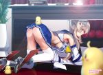  1girl ahoge all_fours areolae ass ayanami_(azur_lane) azur_lane blue_sailor_collar blue_skirt breasts chair closed_mouth commentary_request crop_top desk detached_sleeves eyebrows_visible_through_hair indoors lens_flare long_hair long_ponytail looking_to_the_side manjuu_(azur_lane) medium_breasts nipples no_panties plant platinum_blonde_hair pleated_skirt potted_plant rudder_footwear sailor_collar skirt solo sugita_ranpaku thighhighs twitter_username white_legwear wide_sleeves yellow_eyes 