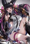  1girl animal_ears bell erune fang fox_ears fox_tail fur_trim granblue_fantasy hair_bell hair_ornament highres hinahino jingle_bell long_hair red_eyes tail yuel_(granblue_fantasy) 