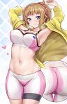  1girl armpits arms_up ass bike_shorts blue_eyes breasts brown_hair cleavage closed_mouth commentary_request gundam gundam_build_fighters gundam_build_fighters_try hoshino_fumina jacket looking_at_viewer medium_breasts midriff navel open_clothes open_jacket ponytail r-binon short_hair smile solo sweat yellow_jacket 