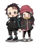  1boy 1girl :d alternate_costume arm_at_side backpack bag beanie black_footwear black_hair black_jacket black_pants brown_eyes checkered chibi contemporary crescent dododov2 earrings facial_scar full_body gradient_hair hair_slicked_back hat holding_hands holding_strap jacket jewelry kamado_nezuko kamado_tanjirou kimetsu_no_yaiba long_hair long_sleeves looking_at_viewer mouth_hold multicolored_hair open_mouth pants pink_eyes red_headwear scar shoes side-by-side simple_background smile standing track_pants white_background white_footwear 