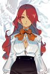 1girl arms_at_sides artist_name bow bowtie breasts brown_eyes button_gap cleavage eyelashes frown hair_over_one_eye kirijou_mitsuru looking_at_viewer no_bra optionaltypo partially_unbuttoned persona persona_3 red_hair red_neckwear school_uniform solo upper_body 