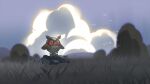  bird closed_mouth commentary day falling_leaves grass hoothoot leaf looking_up matwvv no_humans outdoors pokemon pokemon_(creature) red_eyes sky solo standing 