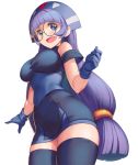  1girl bangs bare_shoulders black_gloves black_legwear blush boots breasts commentary_request dress from_below glasses gloves gluko hair_ornament headdress headset large_breasts long_hair open_mouth purple_eyes purple_hair rokumon_tengai_mon_colle_knight rotix simple_background smile solo thigh_boots thighhighs white_background 
