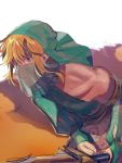  1boy arabian_clothes bandeau bare_shoulders blonde_hair blue_eyes bridal_gauntlets closed_mouth crossdressing detached_sleeves earrings eyelashes gerudo_link halterneck highres jewelry link looking_at_viewer male_focus parted_lips shuzukipai sword the_legend_of_zelda the_legend_of_zelda:_breath_of_the_wild veil weapon 