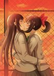  2girls akanesasu_shoujo black_hair blush bow brown_hair chain-link_fence closed_eyes cloud commentary fence hair_bow highres hug kiss long_hair monta multiple_girls mutual_hug outdoors ponytail rooftop school_uniform skirt sky sunlight tounaka_yuu tsuchimiya_asuka twilight yuri 