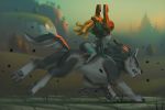  1girl ass blurry blurry_background broken broken_chain castle chain commentary depth_of_field earrings english_commentary fangs glowing glowing_hair grass imp jewelry link link_(wolf) mask midna miles-df pointy_ears riding running tail the_legend_of_zelda the_legend_of_zelda:_twilight_princess tongue tongue_out tree two-tone_skin wolf 