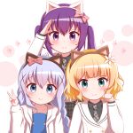  3girls animal_ears arm_up bangs black_shirt blazer blonde_hair blue_dress blue_eyes blue_hair blush bow braid brown_hairband cat_ears closed_mouth collarbone collared_shirt commentary_request dress eyebrows_visible_through_hair fake_animal_ears flower gochuumon_wa_usagi_desu_ka? goth_risuto green_eyes grey_neckwear grey_skirt hair_between_eyes hair_bow hair_flower hair_ornament hairband hand_up hood hood_down hooded_jacket jacket kafuu_chino kafuu_chino&#039;s_school_uniform kirima_sharo long_hair low_twintails multiple_girls necktie open_clothes open_jacket paw_pose plaid plaid_neckwear plaid_skirt purple_eyes purple_hair red_bow school_uniform shirt skirt smile striped striped_bow tedeza_rize tedeza_rize&#039;s_school_uniform twin_braids twintails upper_body v white_background white_flower white_jacket x_hair_ornament 