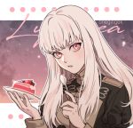  1girl artist_name cake character_name fire_emblem fire_emblem:_three_houses food garreg_mach_monastery_uniform holding holding_plate holding_spoon kanapy long_hair long_sleeves lysithea_von_ordelia parted_lips pink_eyes plate solo spoon uniform upper_body white_hair 