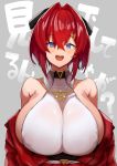  1girl alternate_breast_size ange_katrina bare_shoulders blue_eyes bow breasts collarbone commentary_request grey_background hair_bow hair_intakes highres huge_breasts jewelry long_hair looking_at_viewer necklace nijisanji nuezou red_hair simple_background smile solo translation_request virtual_youtuber 