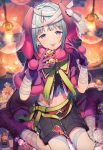  1boy animal_ears bangs belt black_shorts blue_hair blush bunny_ears commentary english_commentary ensemble_stars! eyebrows_visible_through_hair gloves green_ribbon halloween highres looking_at_viewer male_focus pumpkin purple_eyes red_belt red_gloves ribbon shino_hajime shirakino shorts smile solo tongue tongue_out 