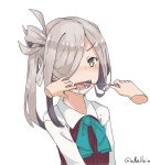  1girl absurdres alcaffein asashimo_(kantai_collection) brushing_another&#039;s_teeth brushing_teeth disembodied_hands drooling grey_eyes hair_over_one_eye highres kantai_collection looking_at_viewer open_mouth sharp_teeth silver_hair teeth toothbrush twitter_username 