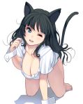  1girl all_fours animal_ears bangs barefoot black_hair blue_eyes breasts cat_ears cat_tail cleavage eyebrows_visible_through_hair highres long_hair looking_at_viewer masao medium_breasts one_eye_closed original shirt solo tail white_background white_shirt wrist_cuffs 