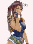  1girl belt black_lagoon brown_eyes brown_hair cigarette covered_nipples denim denim_shorts fingerless_gloves gloves highres holster looking_to_the_side ponytail revy_(black_lagoon) shorts shoulder_holster smoking solo tank_top tattoo toned unbuttoned white_background youken 
