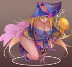  1girl absurdres bare_shoulders blonde_hair blue_footwear blue_headwear breasts cleavage dark_magician_girl duel_monster floating green_eyes hat highres lightning long_hair magician parted_lips solo staff uedrk_yamato vambraces yuu-gi-ou 