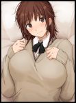  1girl amagami bed black_border border breasts brown_eyes brown_hair kibito_high_school_uniform large_breasts looking_at_viewer lying messy_hair mobu pillow sakurai_rihoko school_uniform short_hair smile solo sweater upper_body 