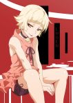  1girl :p bare_shoulders bell bell_choker blonde_hair choker dress english_text gesugesu_ahoaho kiss-shot_acerola-orion_heart-under-blade kizumonogatari looking_at_viewer monogatari_(series) pink_dress short_hair shorts sitting sleeveless solo tongue tongue_out yellow_eyes 