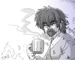  1boy beard campfire coffee_mug cup dirty_clothes facial_hair headband hibiki_ryouga looking_to_the_side male_focus monochrome mug older ranma_1/2 signature sitting sketch solo steam unshaved_face wanta_(futoshi) 