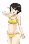  1girl :d arm_behind_head arm_up bangs bikini blush breasts brown_eyes brown_hair cleavage commentary cowboy_shot eyebrows_visible_through_hair girls_und_panzer groin highres looking_at_viewer nakajima_(girls_und_panzer) nana_(manaita_koumuten) navel open_mouth short_hair simple_background small_breasts smile solo standing swimsuit white_background 