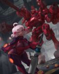  1girl absurdres ahoge armor armored_core armored_core_6 bodysuit bow breasts cleavage commission contrapposto dutch_angle hair_bow highres huge_breasts mecha mimi_(henemimi) one_eye_closed original purple_bodysuit raised_eyebrow red_bow red_eyes robot see-through_cleavage see-through_clothes shortstack solo thick_thighs thighs white_hair wide_hips zhjake 
