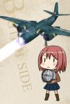  1girl aircraft airplane bangs blue_skirt blunt_bangs bob_cut brown_jacket commentary_request fairy_(kantai_collection) full_body jacket kantai_collection life_vest long_sleeves partial_commentary pleated_skirt red_hair searchlight short_hair skirt solid_oval_eyes solo standing tsukemon 