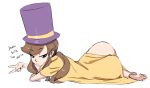  1girl a_hat_in_time ass bard-bot barefoot blue_eyes brown_hair cape english_text feet hat hat_kid long_hair looking_at_viewer older purple_headwear raised_eyebrows simple_background sketch smile solo toes top_hat v white_background yellow_cape zipper 