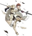  1boy 88_taho armor armored_boots boots brown_eyes cape conrad_(fire_emblem) fire_emblem fire_emblem_echoes:_shadows_of_valentia fire_emblem_heroes full_body fur_trim gloves highres male_focus mask official_art open_mouth orange_hair polearm scarf solo spear teeth torn_clothes transparent_background weapon 