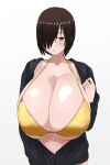  1girl :o bikini black_hoodie blush breasts brown_hair gigantic_breasts gold_bikini grey_eyes hair_over_one_eye highres hood hoodie looking_at_viewer naozuri navel original short_hair simple_background solo sweat swimsuit unzipped white_background yellow_bikini zipper 